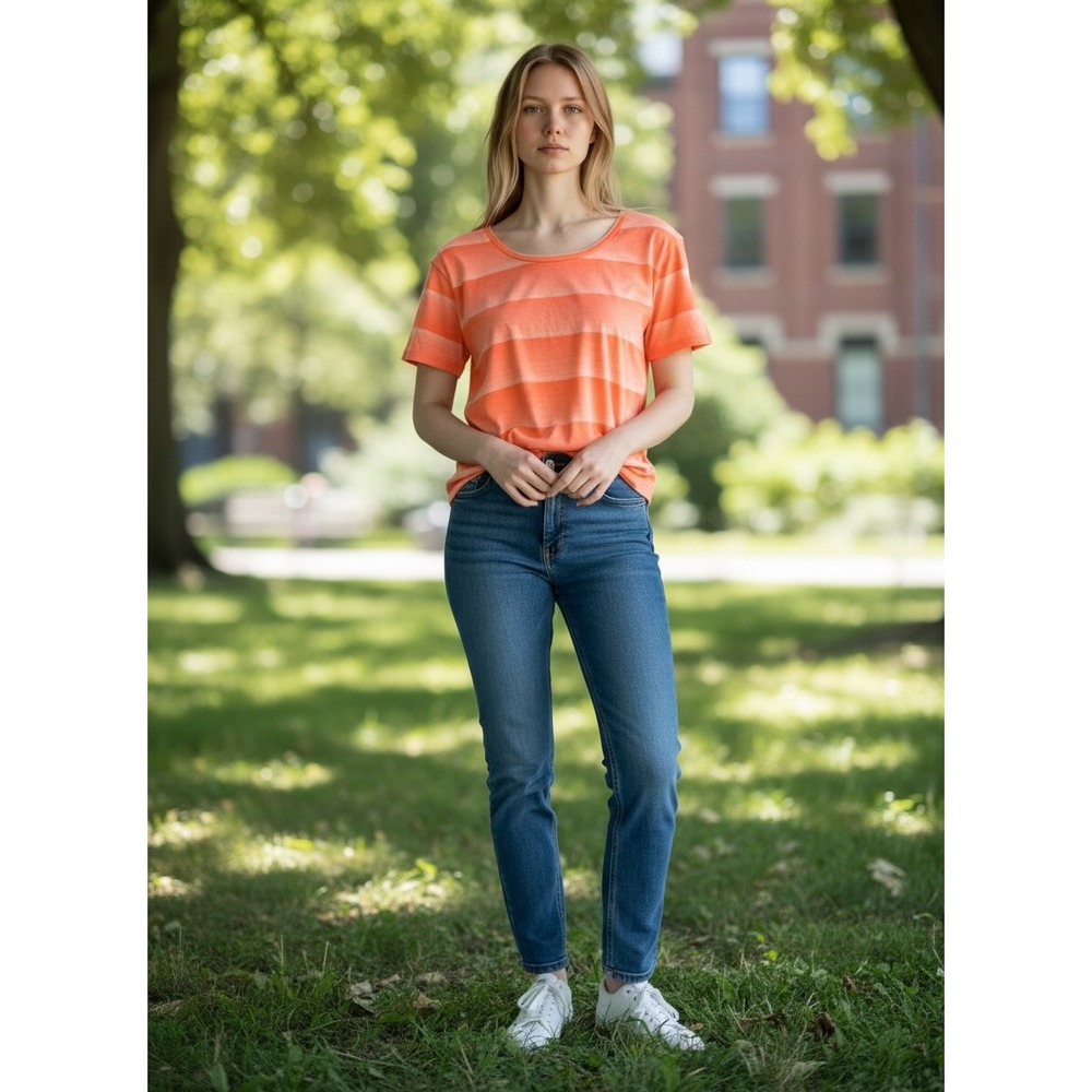 American Eagle Outfitters Feather Light Orange Ombre Striped Scoop Neck L Y2K‎